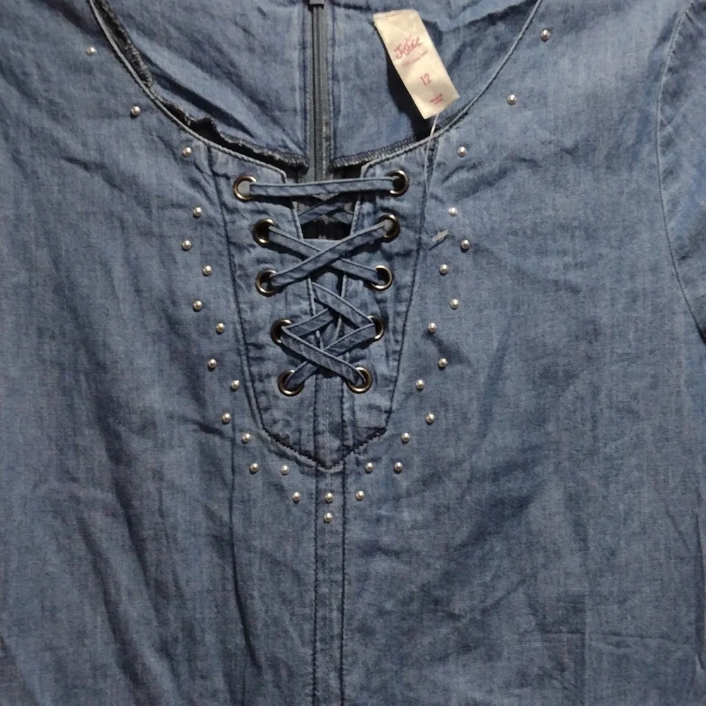 Justice Girls Ombré Chambray Lace-Up Dress – Size 12 – Short Sleeve Denim Look